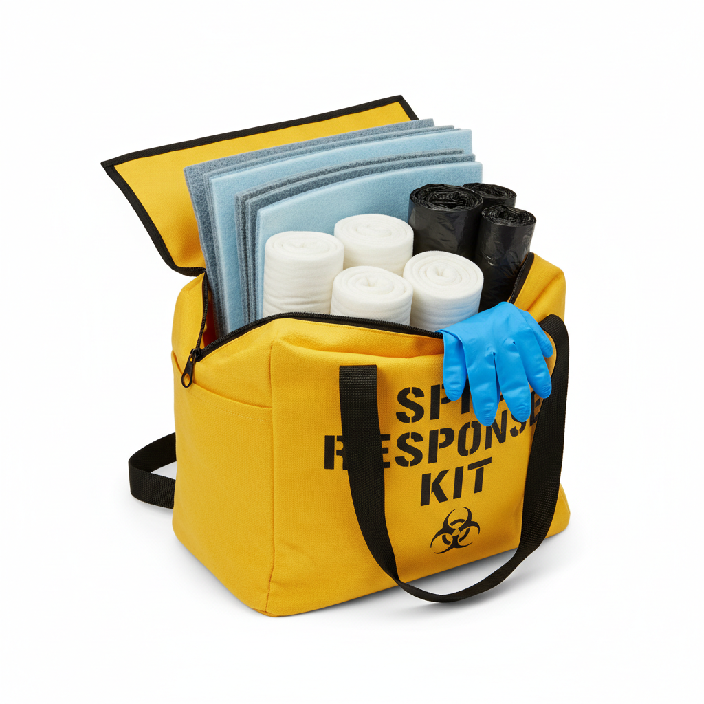 35-gallon industrial spill containment kit with absorbent pads, socks, gloves and yellow carry bag
