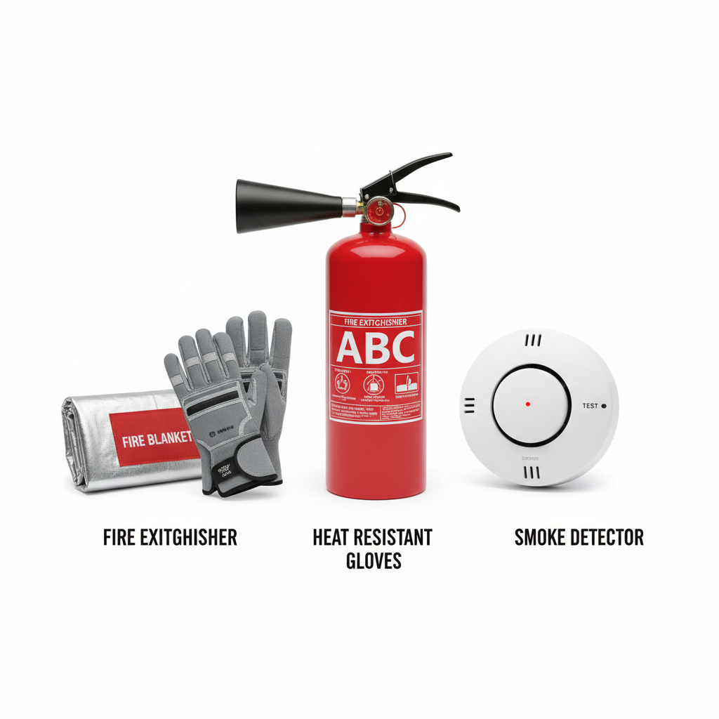 Workplace fire safety supply kit with extinguisher, blanket, gloves and smoke detector