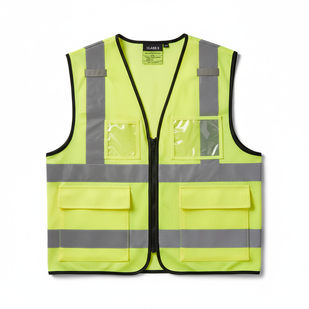 Petra Roc Class 3 lime green safety vest with silver reflective tape and zipper
