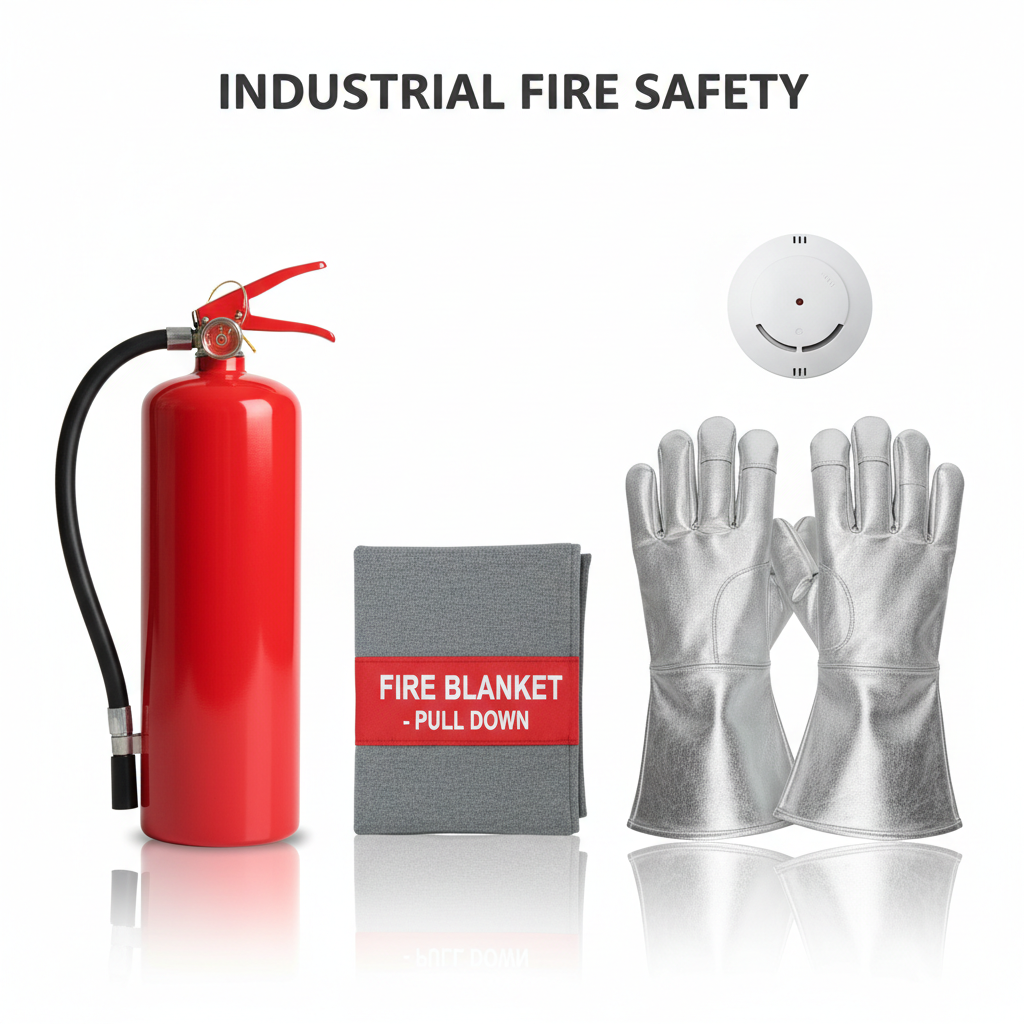 Workplace fire safety supply kit with fire extinguisher, blanket, heat resistant gloves and smoke detector