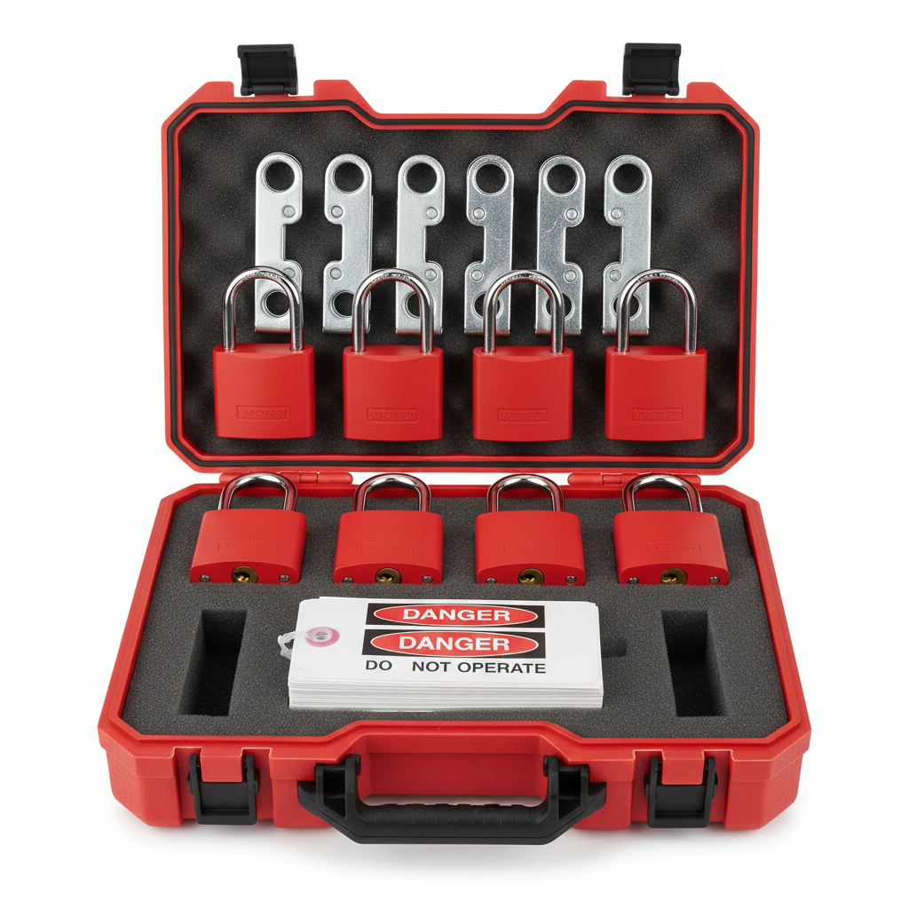 52-piece Lockout Tagout LOTO safety kit with red padlocks, hasps, danger tags and carrying case